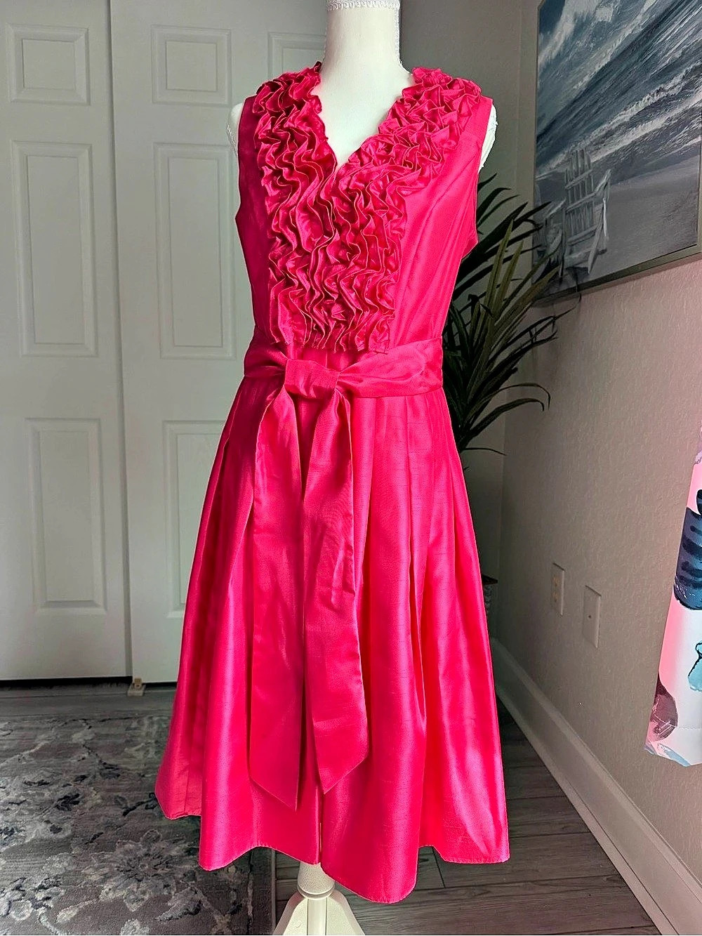 Jessica Howard Magenta Ruffle Neck Fit & Flare Midi Dress Size 8